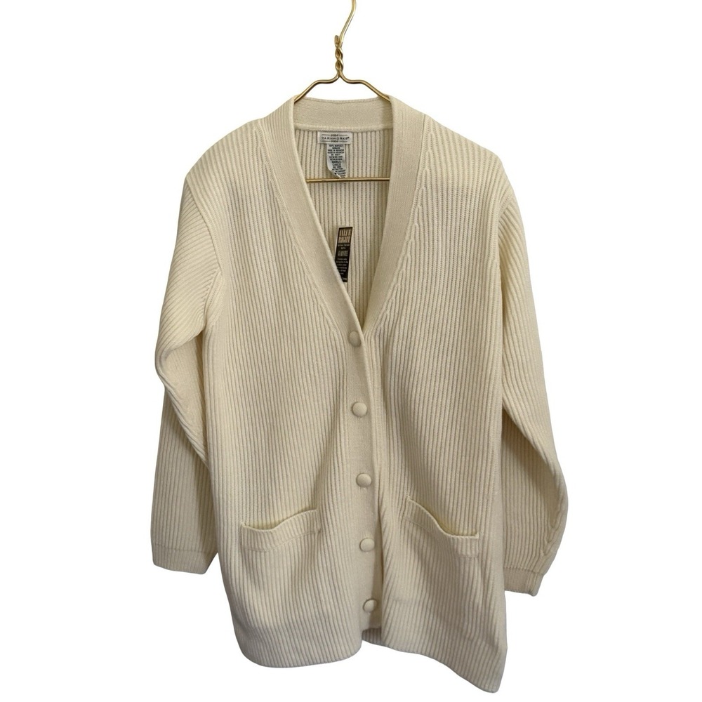 Yarnworks Womens Ribbed Button Front Cardigan S Cream Shoulder Pads‎ Pockets NEW